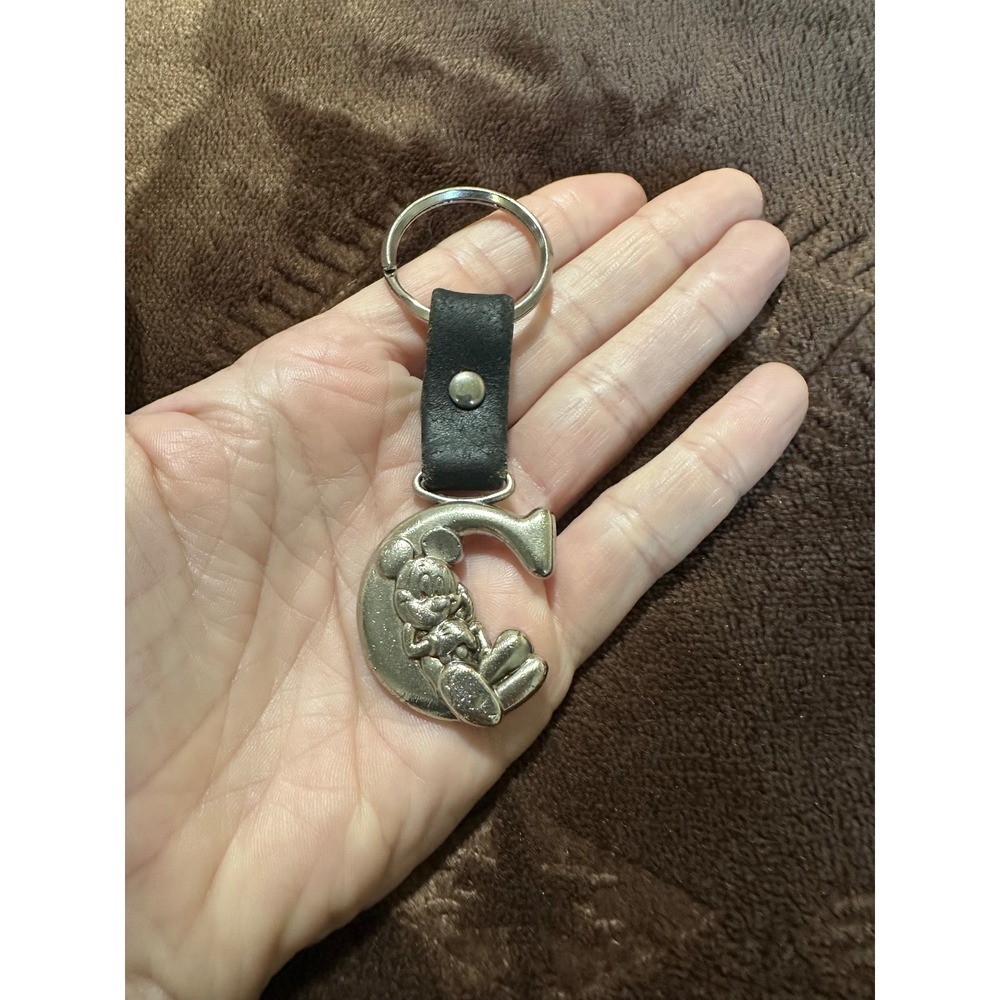 Disney Mickey Mouse Keychain Initial C Silver w/ Black leather Strap